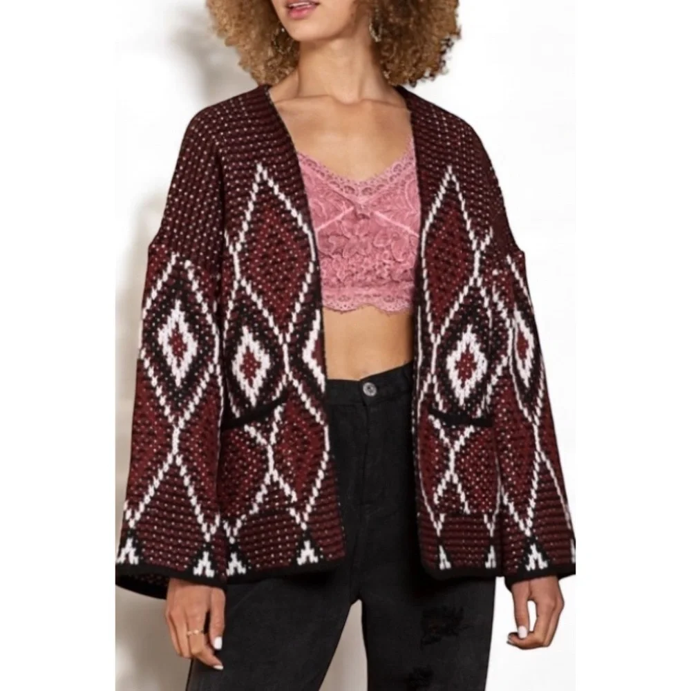 POL Burgundy Black Diamond Knit Cardigan | Chunky Southwestern Boho Sweater - Picture 2 of 9